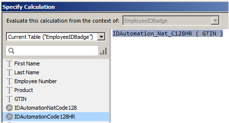 Create another calculated field as noted in step 5 with the IDAutomation_Nat_Code128HR function.