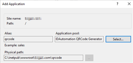 Within the properties of the IIS Application, select the "IDAutomation QRCode Generator" Application Pool
