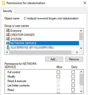 Make sure NETWORK SERVICE and IIS_IUSRS have read and execute rights