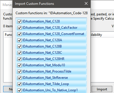 Selecting custom barcode functions.