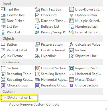 Inserting the bar-code ActiveX in InfoPath.