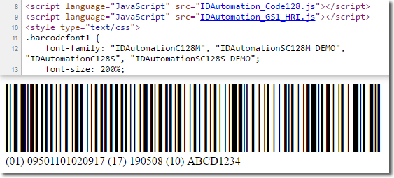 JavaScript Font and Encoder with GS1-Code128 Example