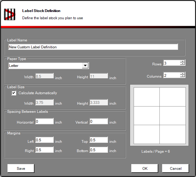Define Custom Label Stock