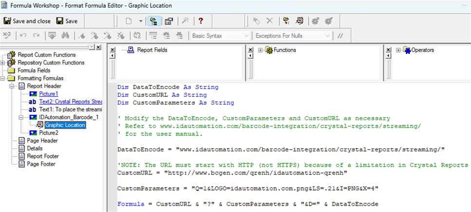 In the Formula Workshop, modify the QR Code DataToEncode, Logo, CustomParameters and CustomURL data as necessary. In the Formula Workshop, modify the QR Code DataToEncode, Logo, CustomParameters and CustomURL data as necessary.
