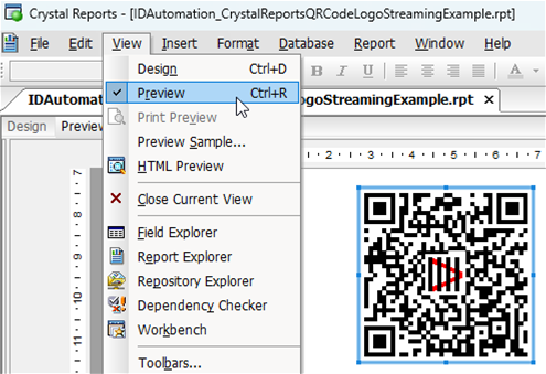 Choose View - Preview in Crystal Reports and verify that a QR Code Logo Symbol appears. Choose View - Preview in Crystal Reports and verify that a QR Code Logo Symbol appears.
