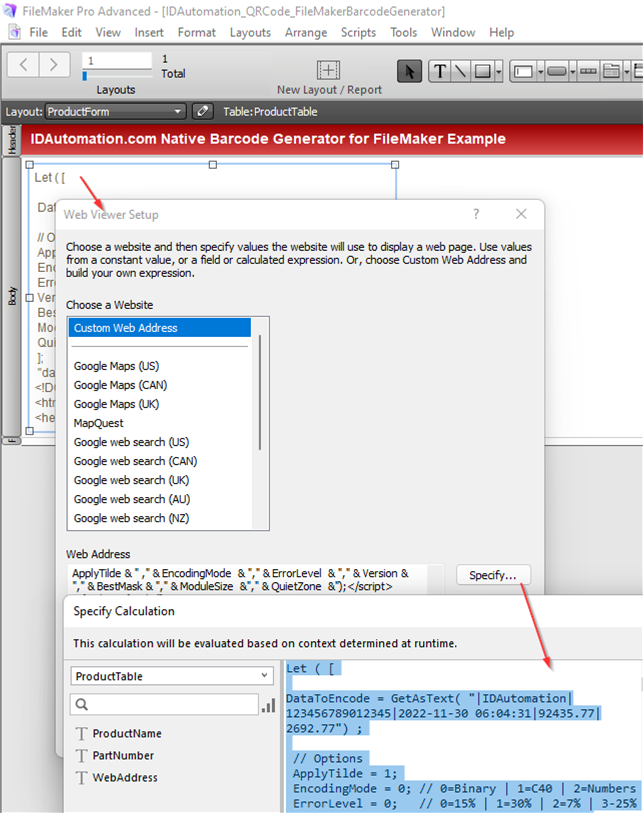 Web Viewer Setup and Specify Calculation