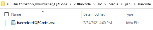 Download the IDAutomation_BIPublisher_QRCode.zip. It includes the barcodeutilQRCode.java and dependencies