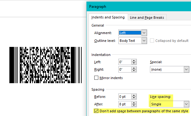 Barcode after spacing is removed.