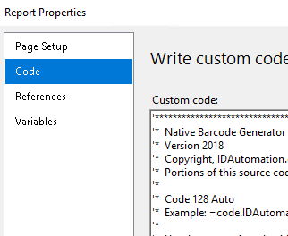 The Custom Code area of the Report Properties