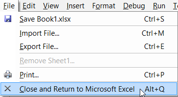 Close and Return to Microsoft Excel