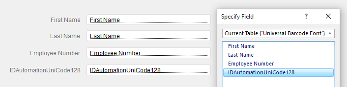 Placing the barcode field in the report.