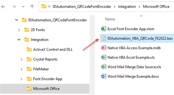 Locate and import the VBA file that ends in .bas from the integration folder