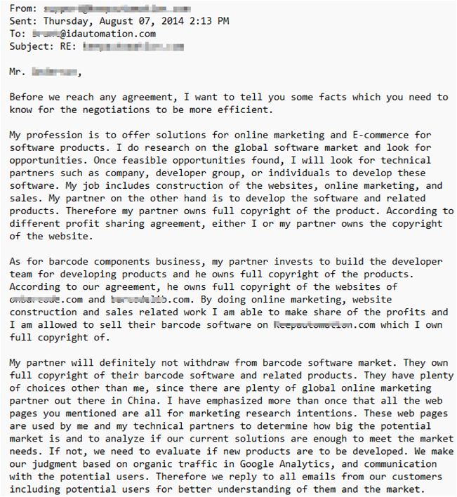 This is a portion of an email received from a Chinese organization after our attorney sent a letter about copyright infringement.
