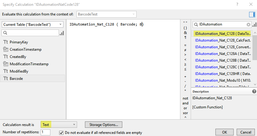 Specifying the calculation for Code128.