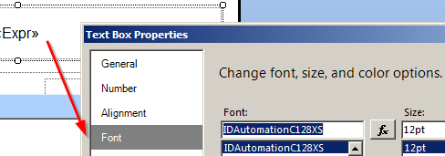 Selecting the barcode font for the field.