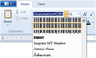 Standard barcode fonts in the font selection drop down.