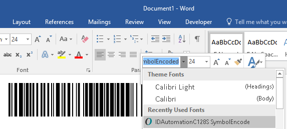 MS Word showing completed barcode