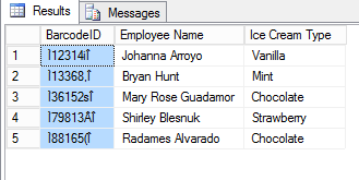 right-click the new table and choose Select Top 1000 Rows. The BarcodeID field displays the encoded data