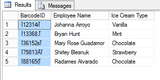 Right-click the new table and choose Select Top 1000 Rows. The BarcodeID field displays the encoded data