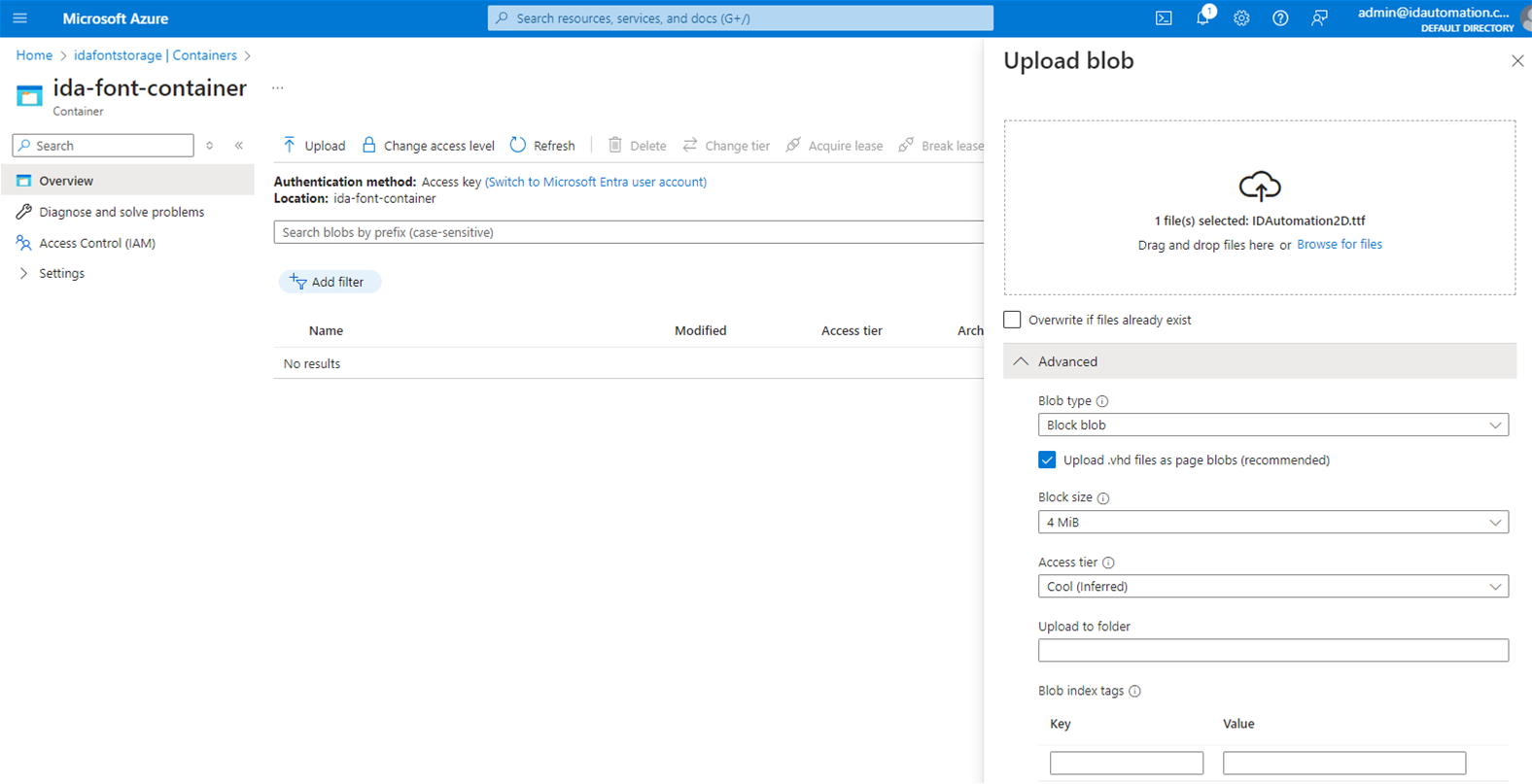 Visual of the IDAutomation2D.ttf being upload to Azure 