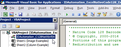 The VBA editor in Excel for Code 128.