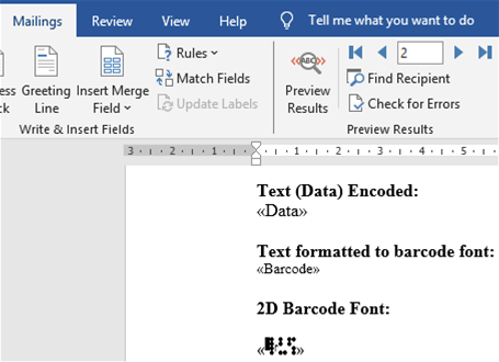 Notice that the fields <<Data>> and <<Barcode>> are from the top column of the associated Excel spreadsheet