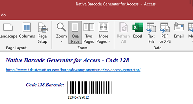 Code 128 barcode image in Microsoft Access.