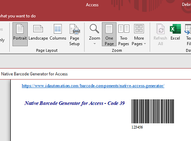 Code 39 barcode image in Microsoft Access.