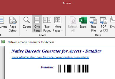 GS1 DataBar barcode image in Microsoft Access.