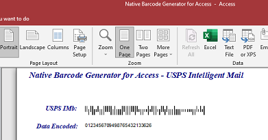 USPS Intelligent Mail barcode image in Microsoft Access.