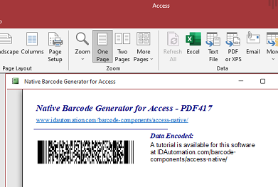 PDF417 barcode image in Microsoft Access.