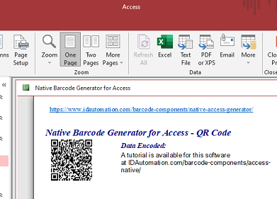 QR Code barcode image in Microsoft Access.