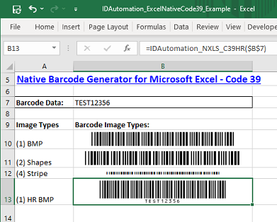Code 39 barcode image in Microsoft Excel.