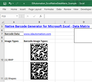 Data Matrix barcode image in Microsoft Excel.