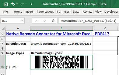 PDF417 barcode image in Microsoft Excel.