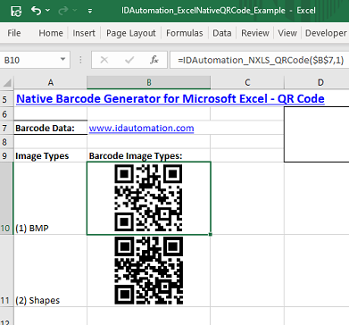 QR Code barcode image in Microsoft Excel.