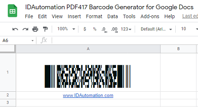 PDF417 barcode image in Google Sheets.