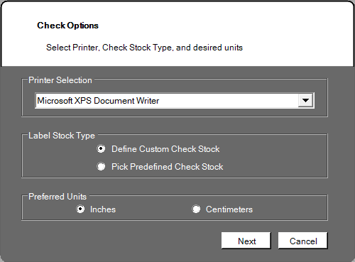 The Label Options Screen Contains Printer Selection, Label Stock Type and Peferred Units of Measurement.