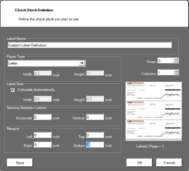 The Label Stock Properties Window Allows for Final Bank Check Adjustments.