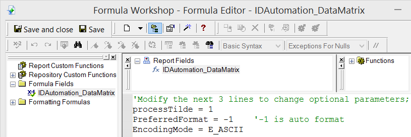 Data Matrix mode options in Crystal Reports