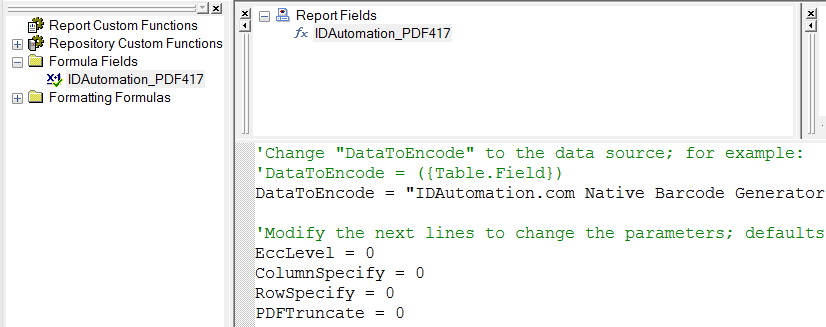 Adjustable PDF417 properties include error correction level, columns, rows and truncation.