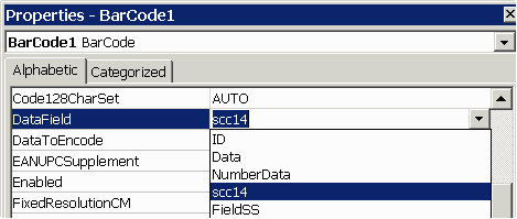 To connect the barcode control directly to a data field from your data source, select or enter the DataField property from the property window.