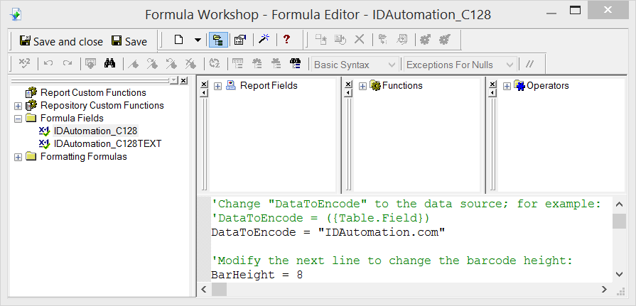 Modify the DataToEncode line of the formula to equal the data that is to be encoded in the barcode.