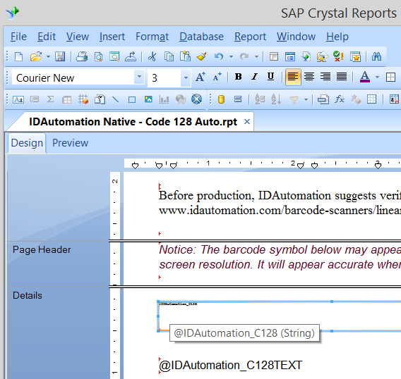 Locate the Native Barcode Generator object within the details section of the report.