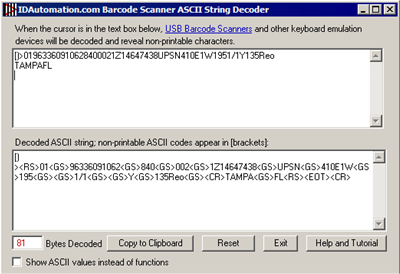 Barcode Scanner ASCII String Decoder Software decoding a UPS MaxiCode Label